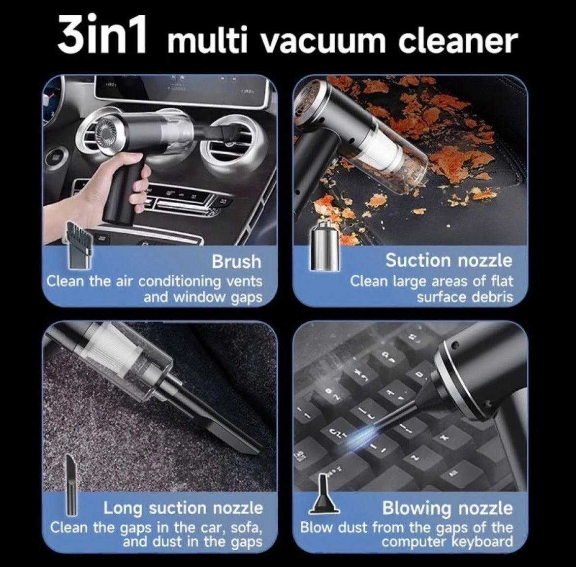 3-in-1 Cordless Car Vacuum Cleaner | 12000Pa Strong Suction
